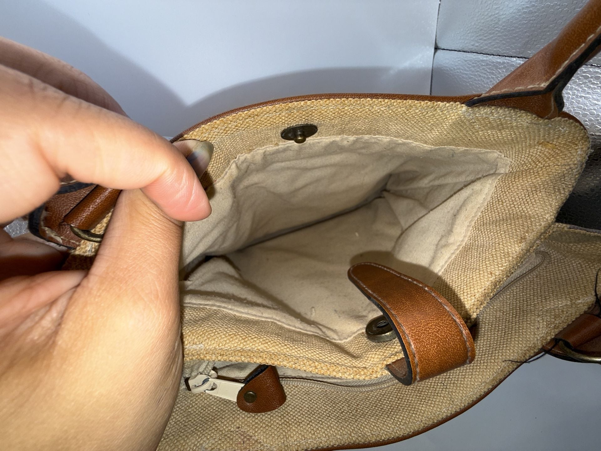 Signature Studios Striped Canvas and Brown Leather Satchel Handbag 7