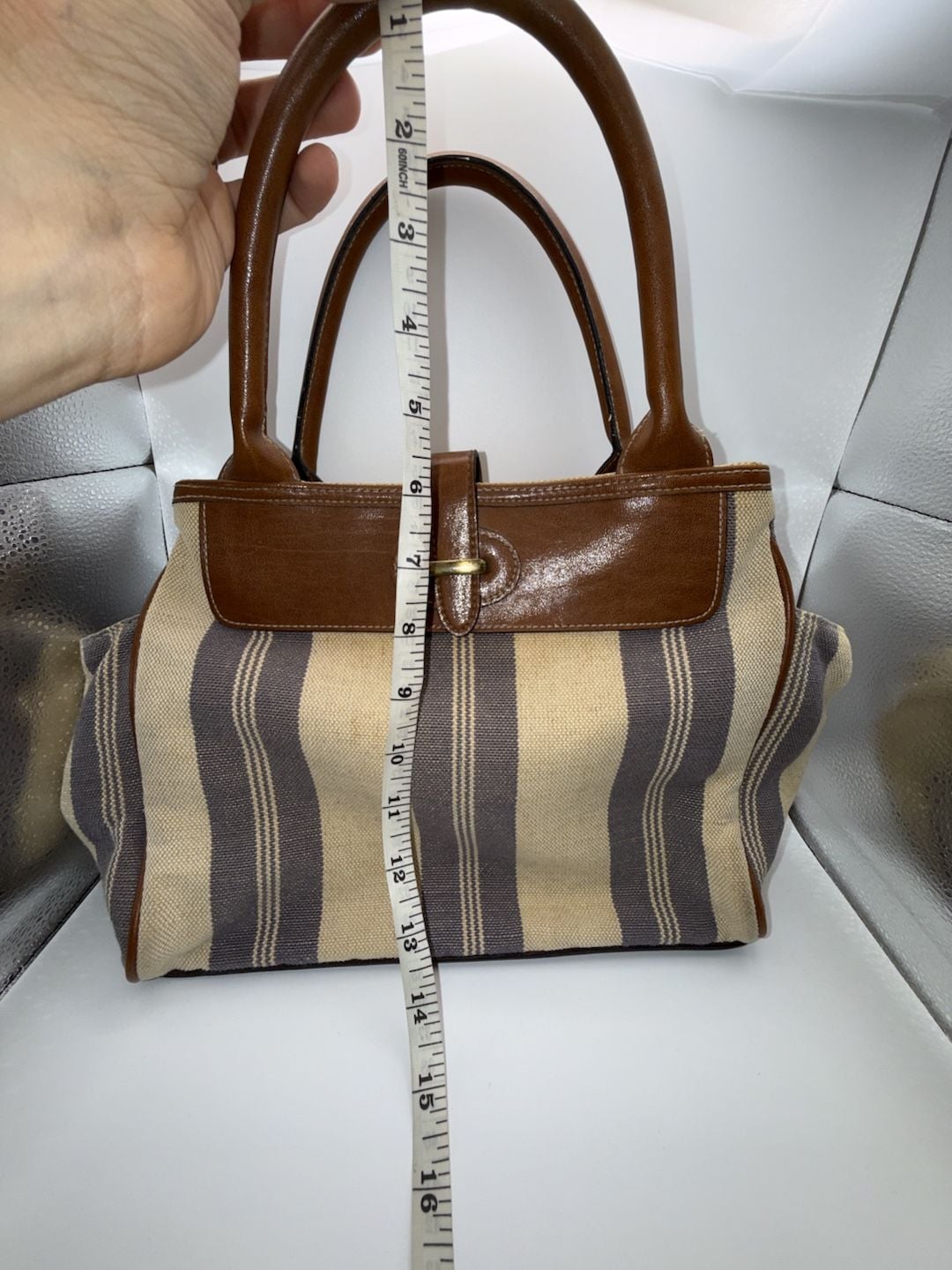 Signature Studios Striped Canvas and Brown Leather Satchel Handbag 9
