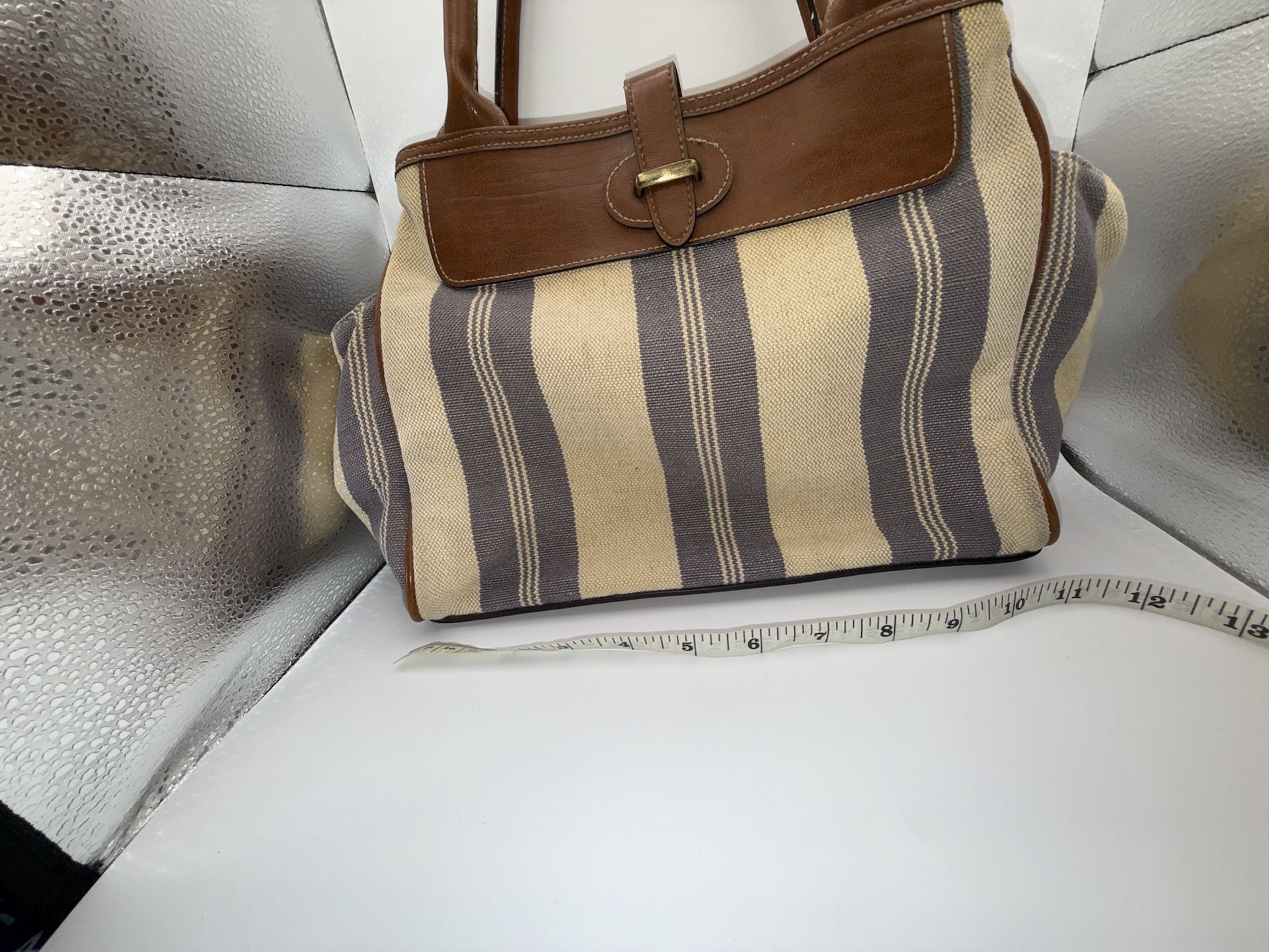 Signature Studios Striped Canvas and Brown Leather Satchel Handbag 10