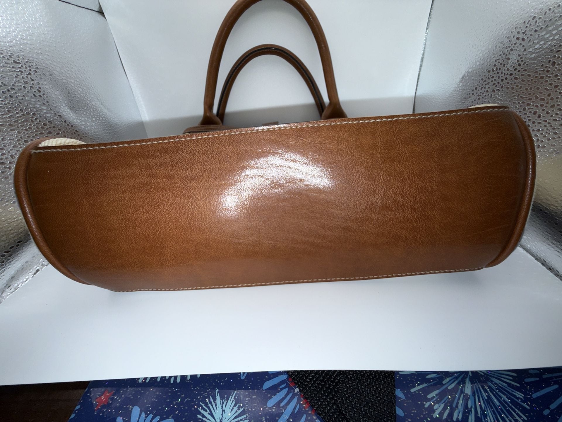 Signature Studios Striped Canvas and Brown Leather Satchel Handbag 11