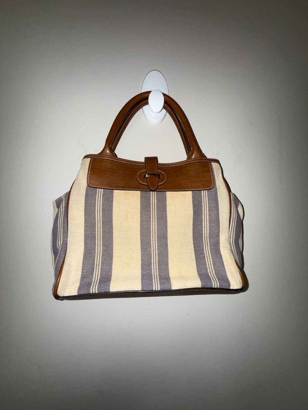 Signature Studios Striped Canvas and Brown Leather Satchel Handbag 13