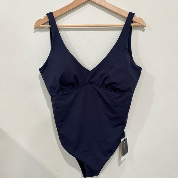 Size XL Massimo Piombo Women's Solid Navy V-Neck One-Piece Swimsuit
