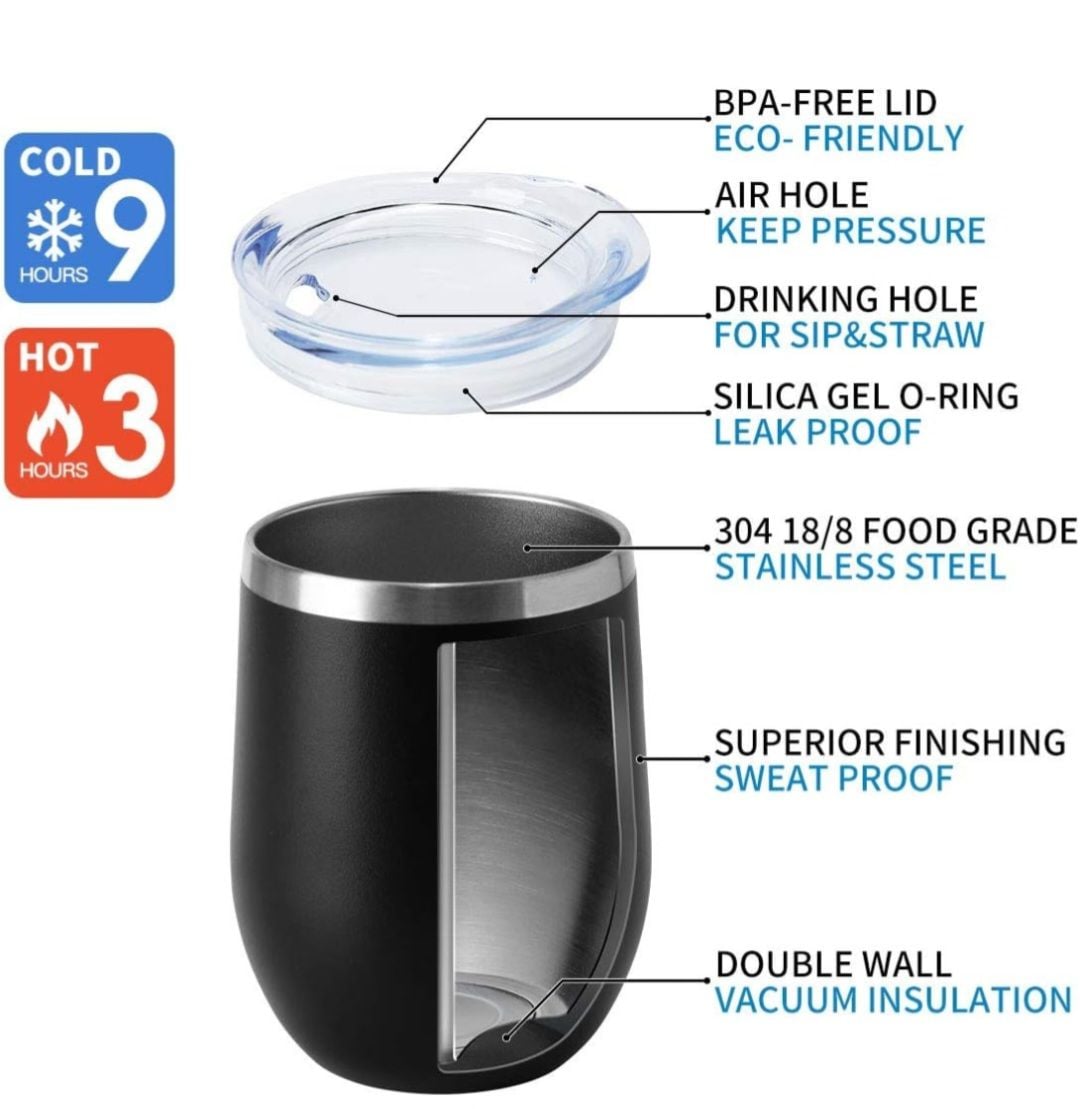 12oz Stainless Steel Double Wall Vacuum Insulated Stemless Wine Tumblers with Lid 10