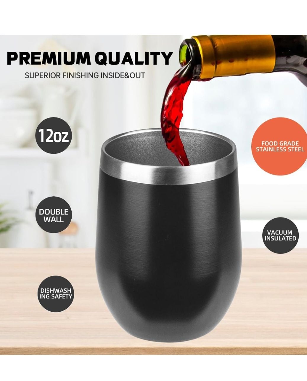 12oz Stainless Steel Double Wall Vacuum Insulated Stemless Wine Tumblers with Lid 14
