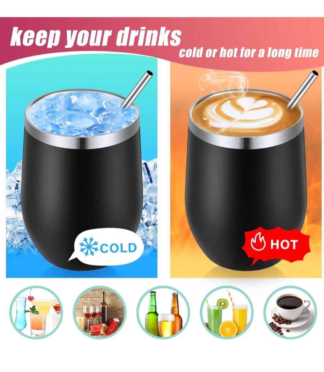 12oz Stainless Steel Double Wall Vacuum Insulated Stemless Wine Tumblers with Lid 18