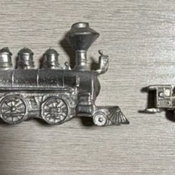 Vintage Miniature Pewter Train Locomotive Figurines, 2-Piece Set