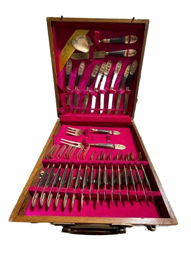 Vintage Starhouse Thailand Mid-Century Bronze and Wood Handle Flatware Set in Wooden Case 1