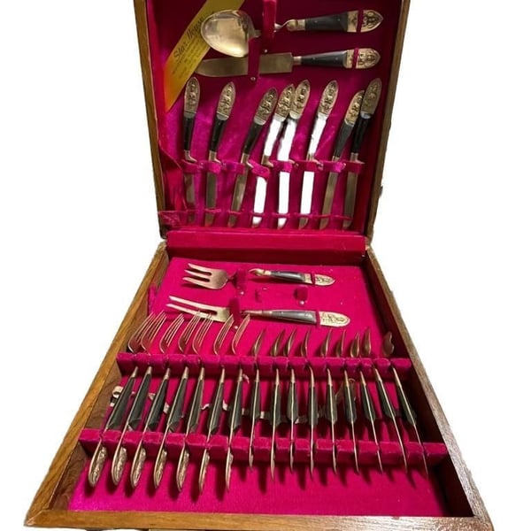 Vintage Starhouse Thailand Mid-Century Bronze and Wood Handle Flatware Set in Wooden Case