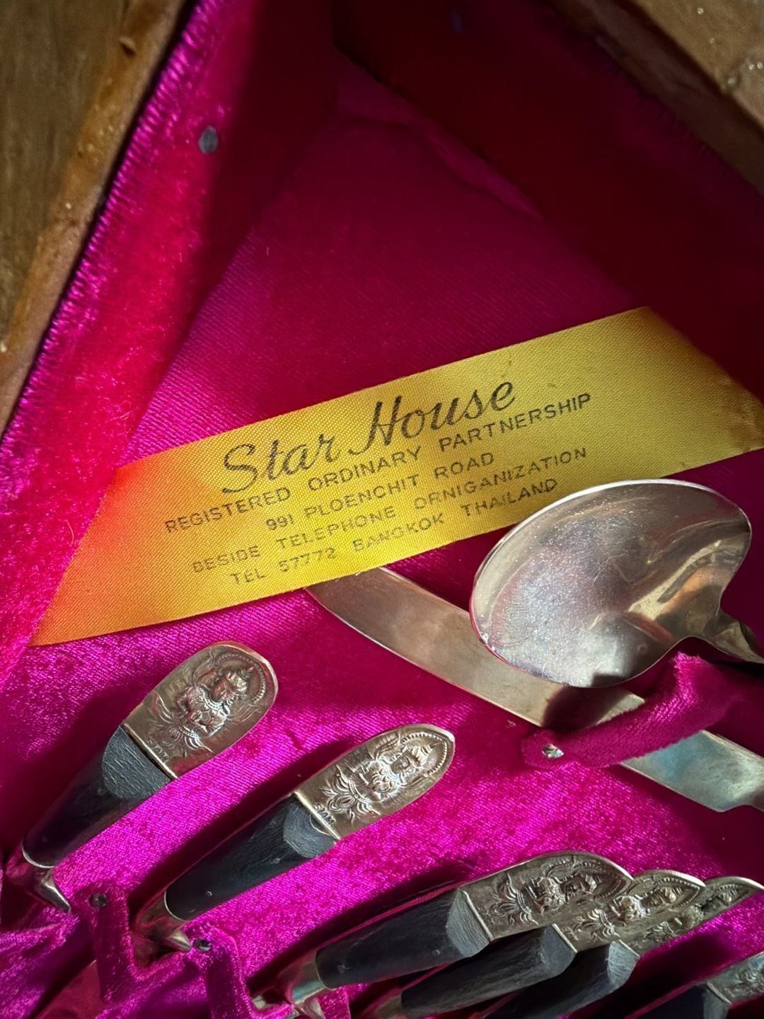 Vintage Starhouse Thailand Mid-Century Bronze and Wood Handle Flatware Set in Wooden Case 7