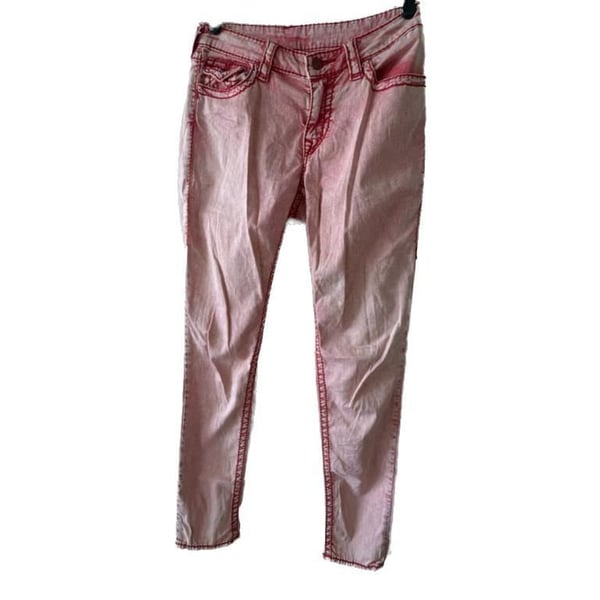 True Religion Pink Red Acid Wash Super T Stitching Denim Jeans size 28