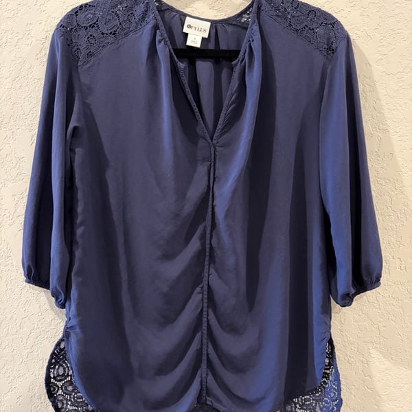 Stylus Navy Blue Split-Neck Blouse with Lace Trim Detail