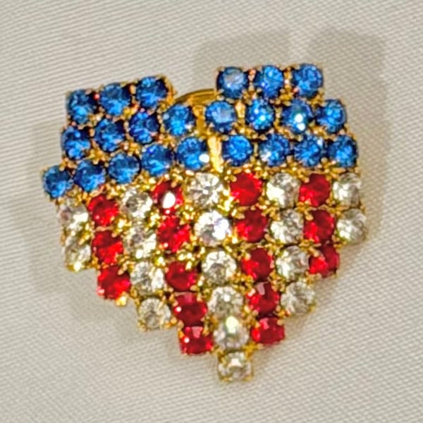 Patriotic American Flag Heart Pin with Red White and Blue Rhinestones Tie Tack