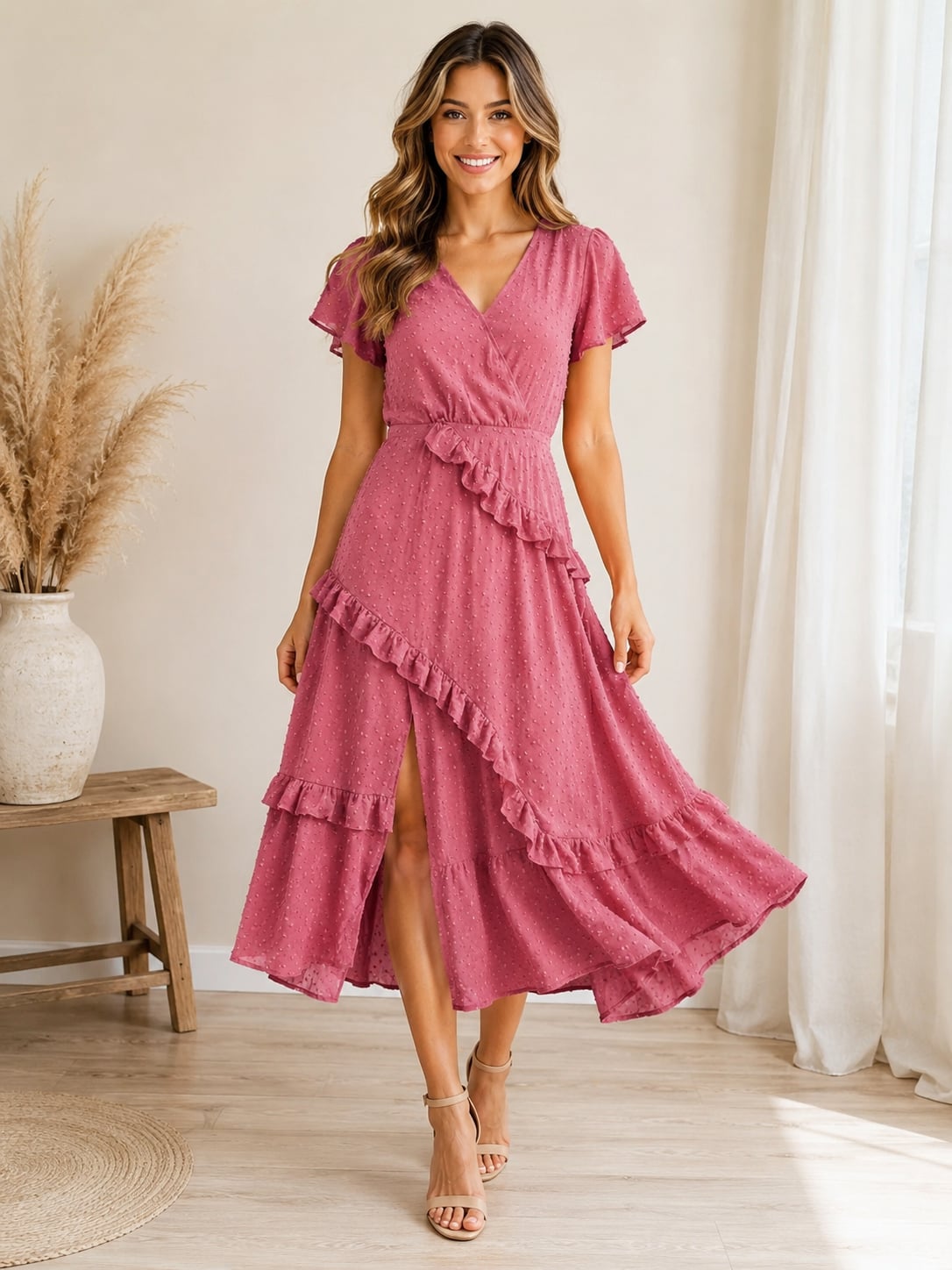 Lulus Dale Rose Pink Swiss Dot Ruffle Asymmetrical Midi Dress Size M
2