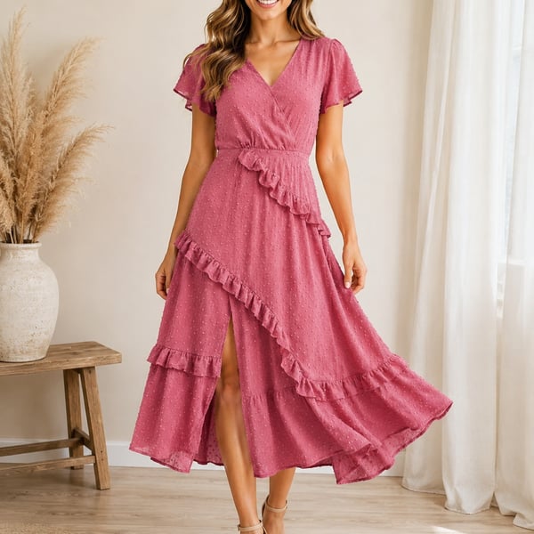 Lulus Dale Rose Pink Swiss Dot Ruffle Asymmetrical Midi Dress Size M
