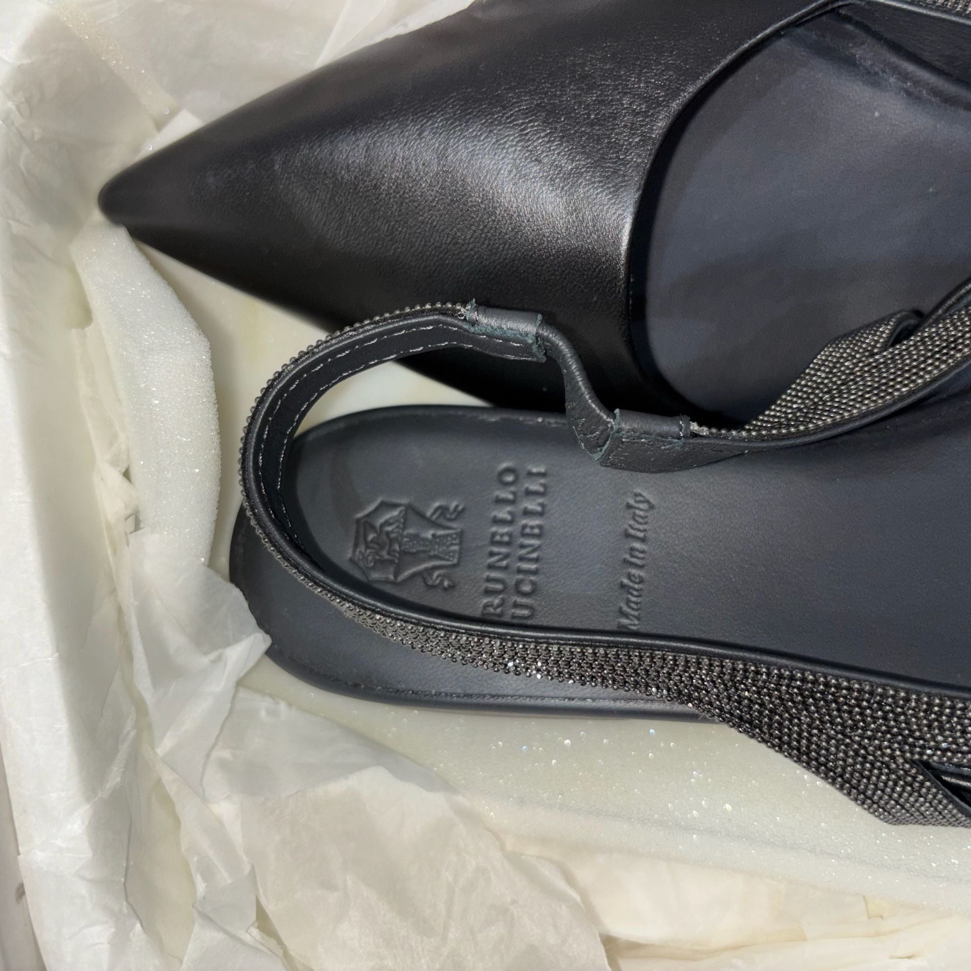 Brunello Cucinelli Black Nappa Leather Monili Beaded Slingback Flats 2