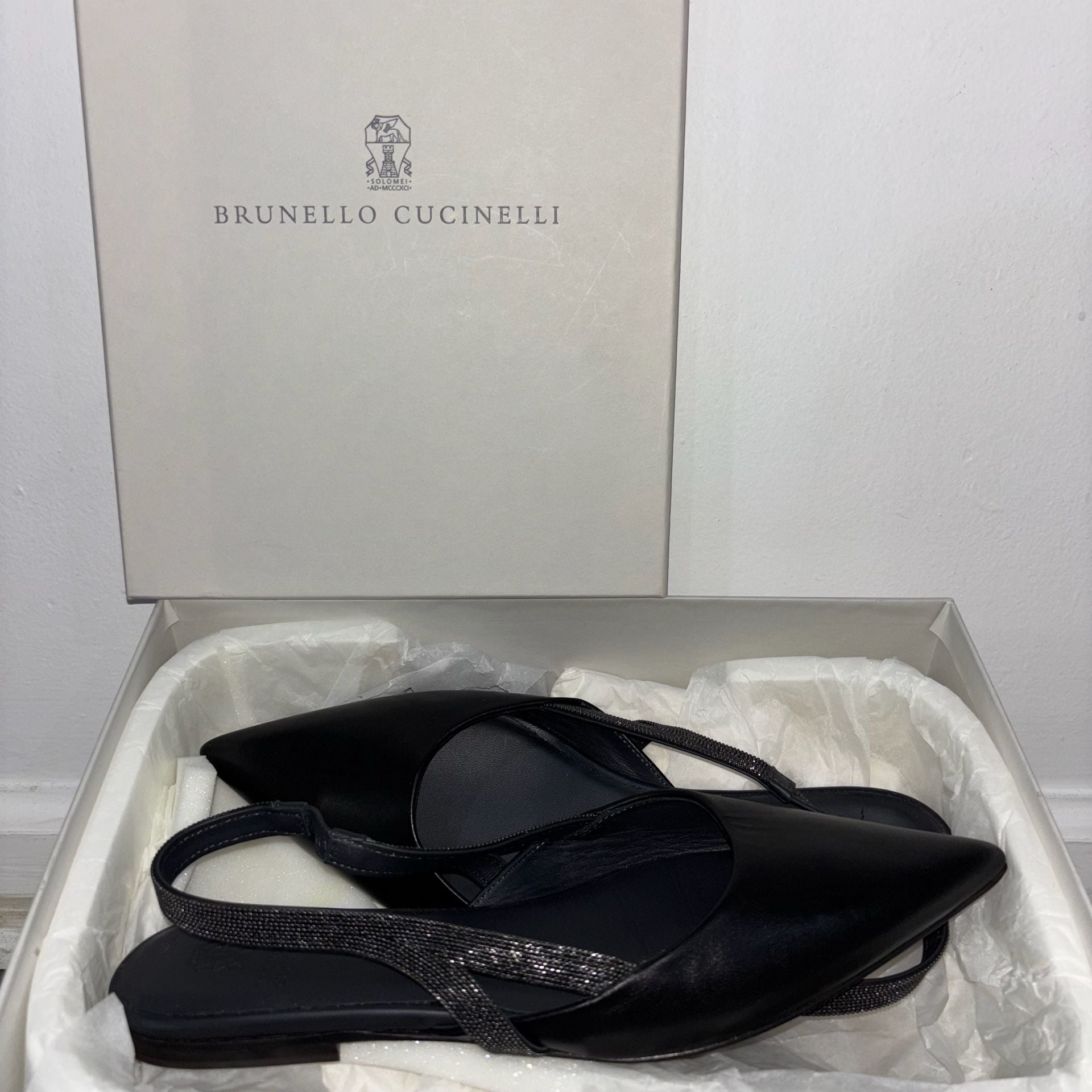Brunello Cucinelli Black Nappa Leather Monili Beaded Slingback Flats 5