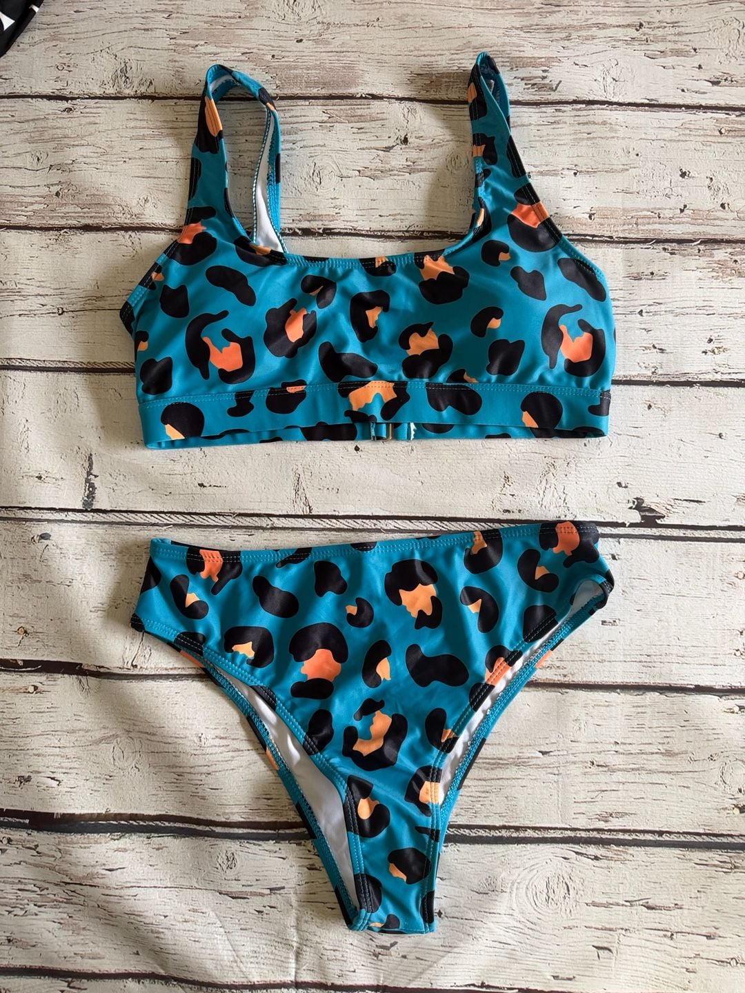 Blue and Orange Leopard Print High-Waisted Bikini Set 1