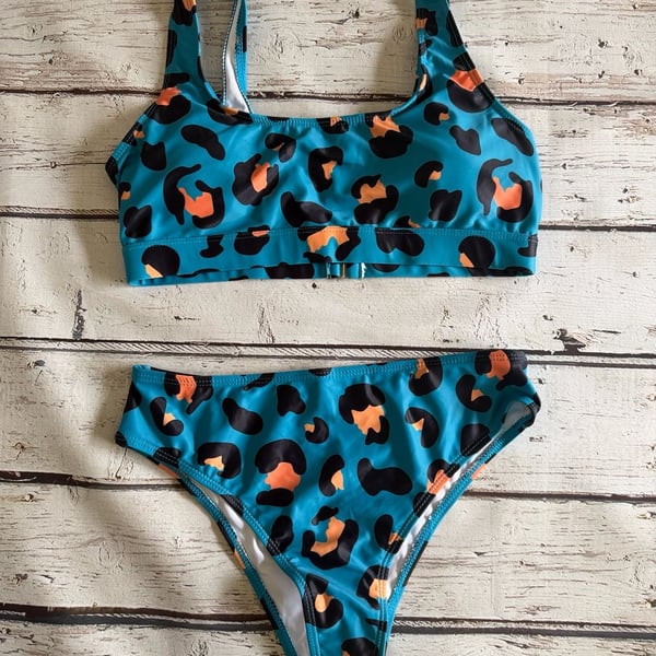 Blue and Orange Leopard Print High-Waisted Bikini Set
