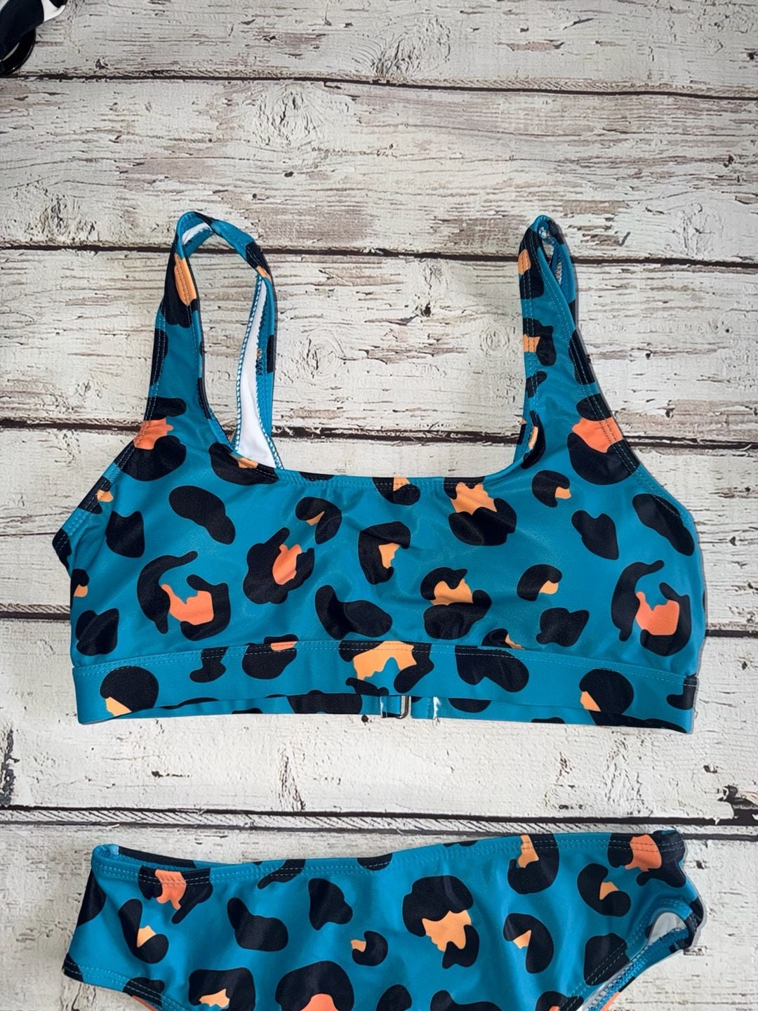 Blue and Orange Leopard Print High-Waisted Bikini Set 2