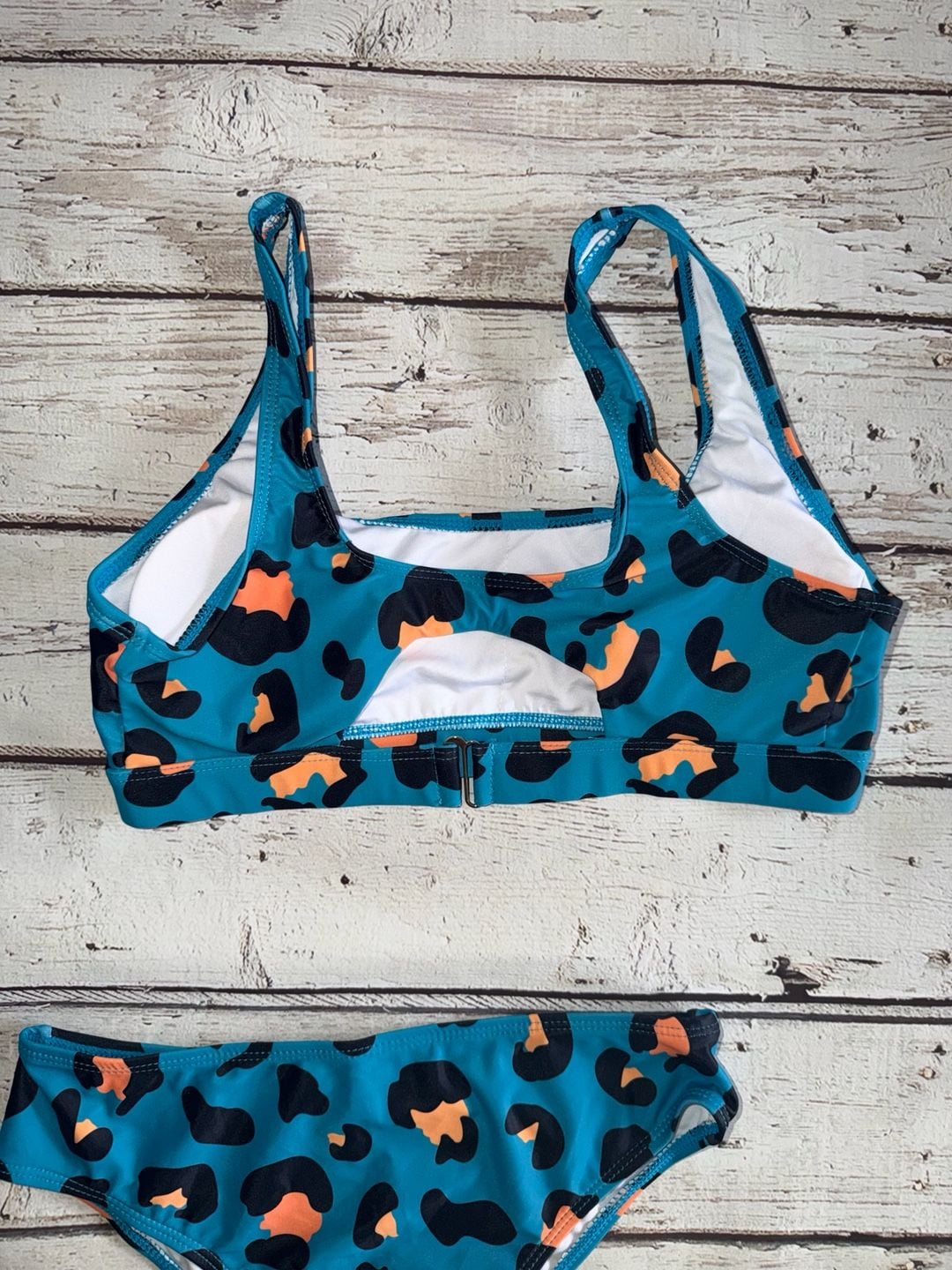 Blue and Orange Leopard Print High-Waisted Bikini Set 3