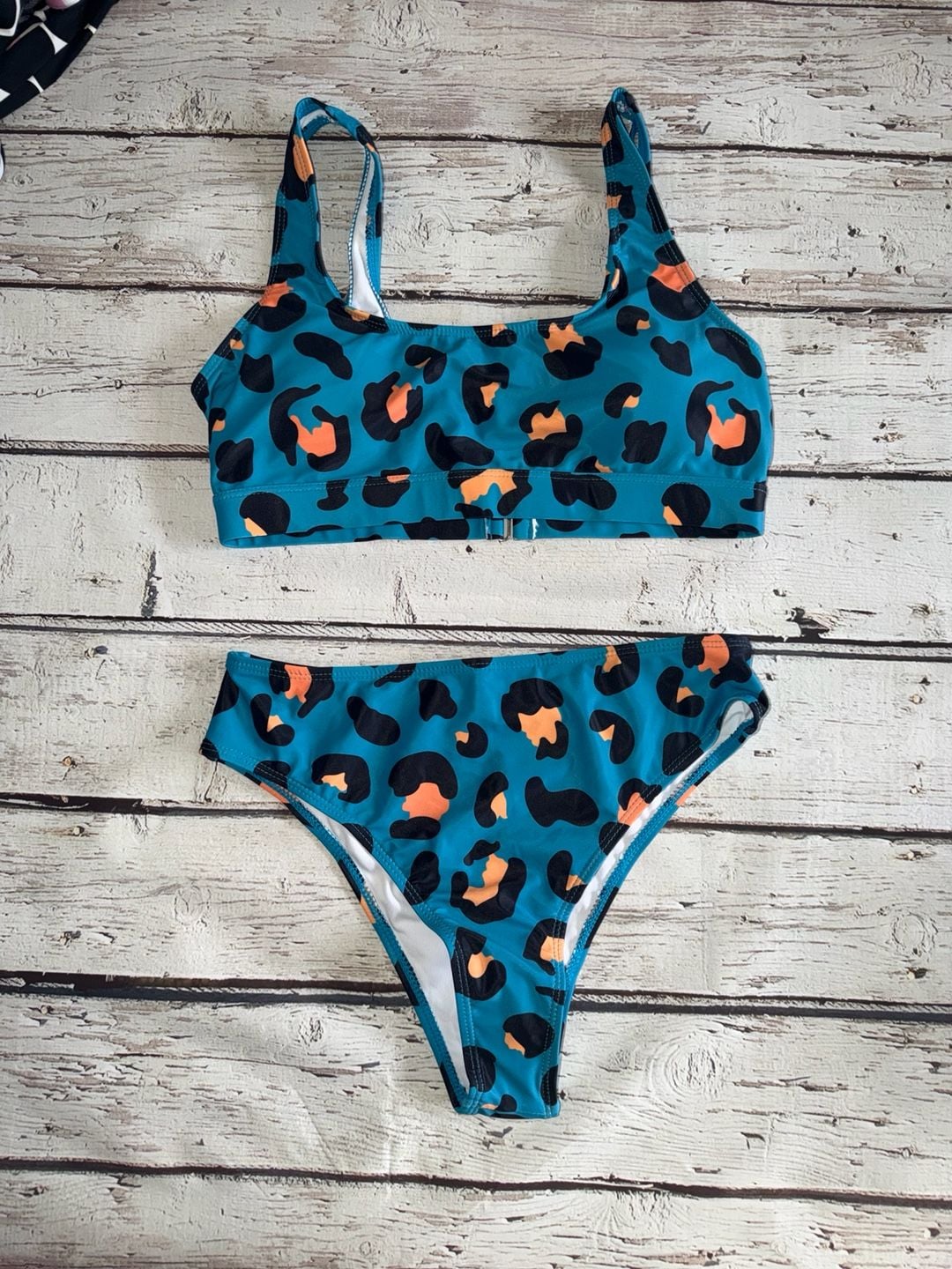 Blue and Orange Leopard Print High-Waisted Bikini Set 6