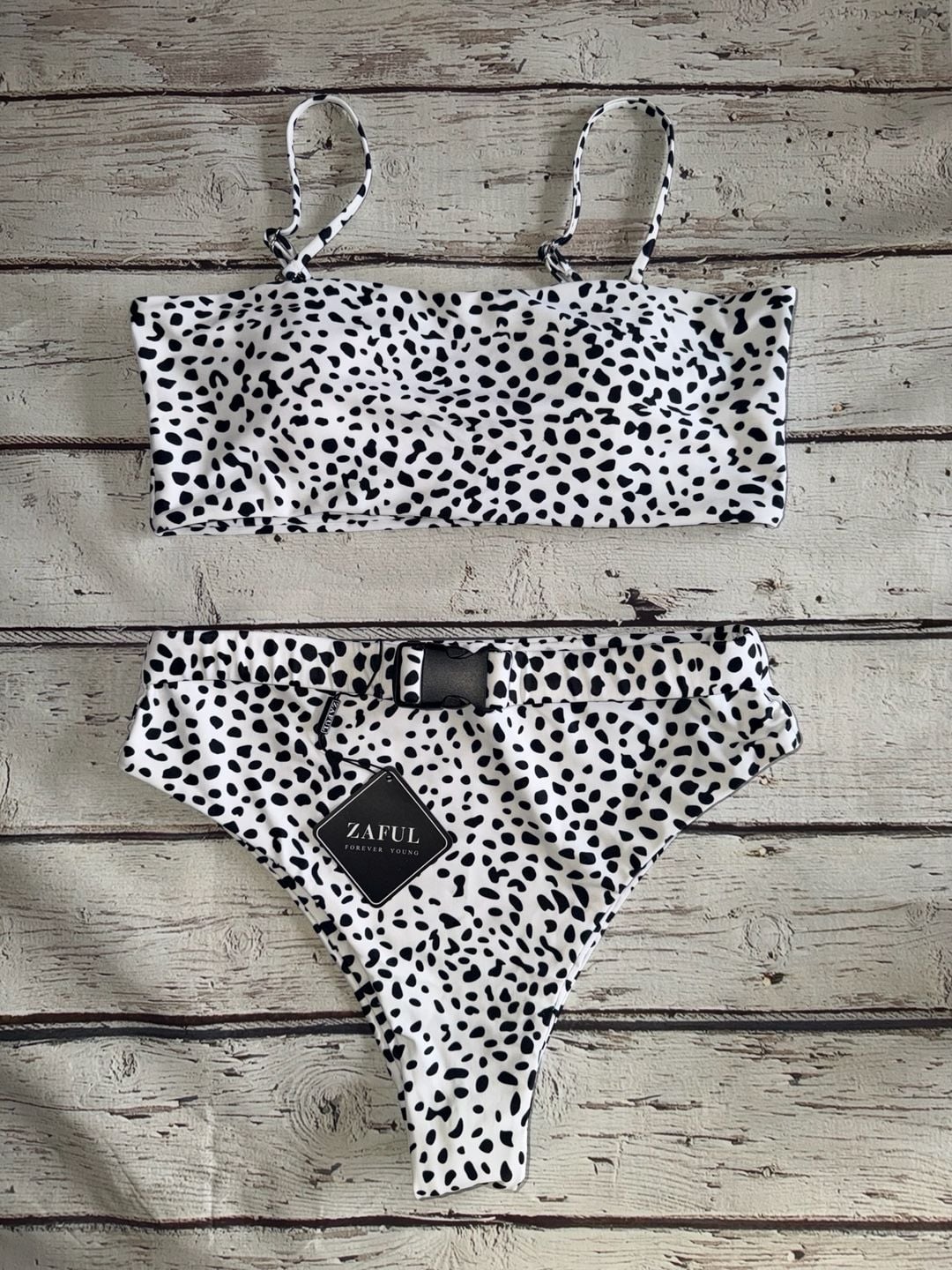 Zaful Dalmatian Animal Print Bandeau Bikini Set with Buckle Detail 1