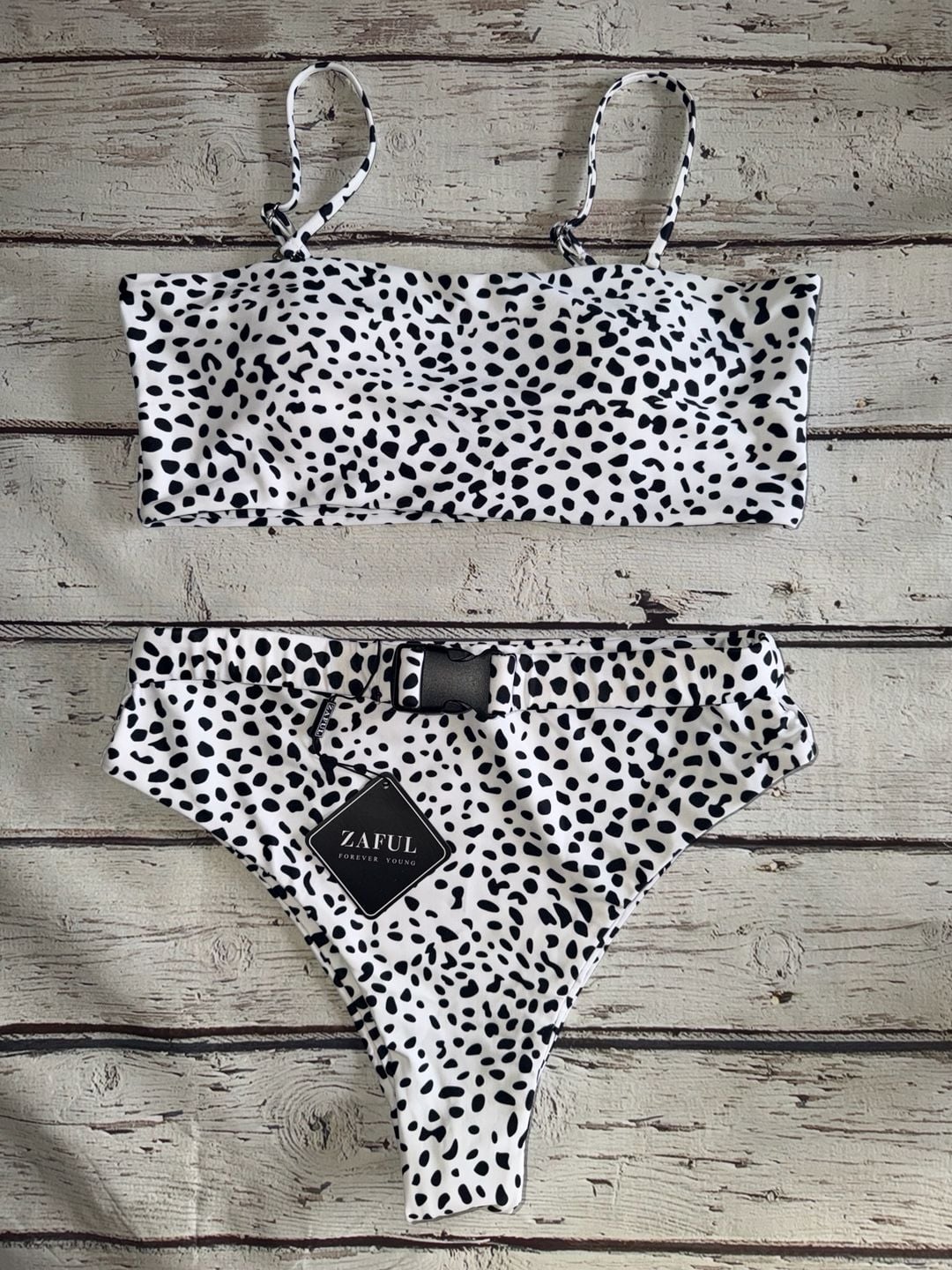 Zaful Dalmatian Animal Print Bandeau Bikini Set with Buckle Detail 4