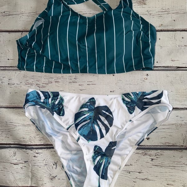 Cupshe Women's High-Waisted Bikini Set with Striped Top and Tropical Print Bottom