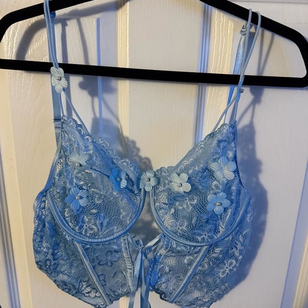 For Love & Lemons Blue Bell Bustier Bra with Floral Appliqué