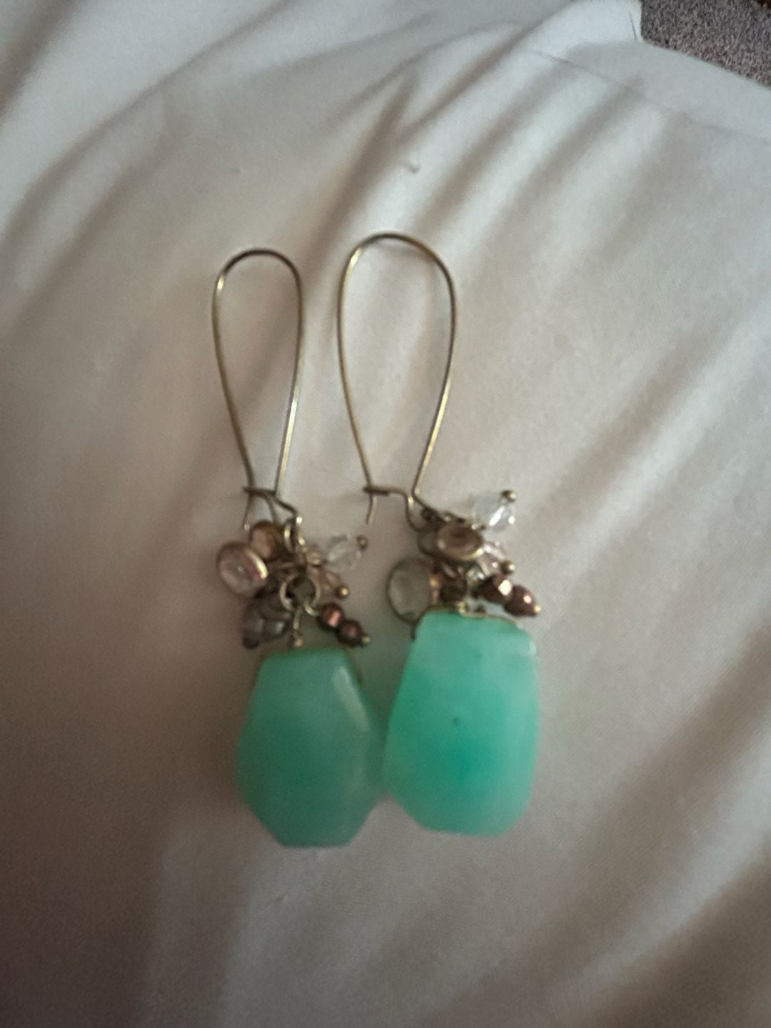 Faceted Mint Green Chalcedony and Beaded Cluster Dangle Earrings 1
