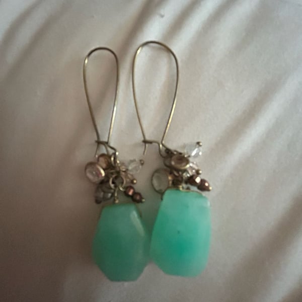Faceted Mint Green Chalcedony and Beaded Cluster Dangle Earrings