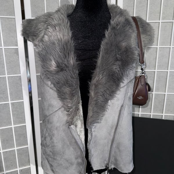Charming Charlie Women's Gray Faux Suede and Faux Fur Moto-Style Vest