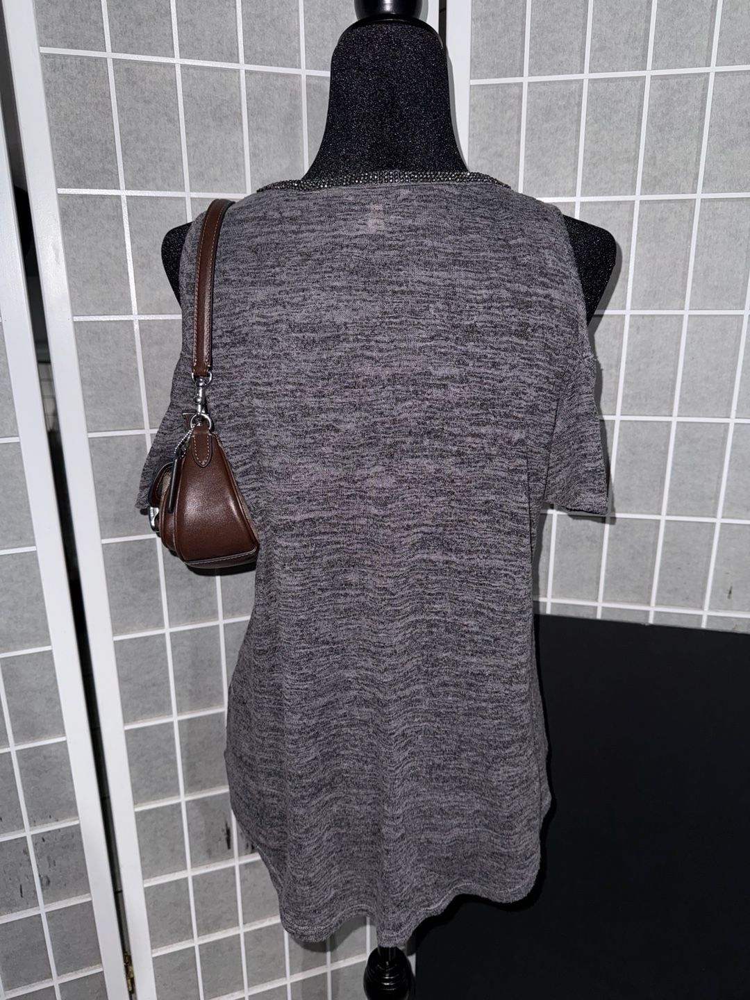 Juicy Couture Women's Gray Heather Knit V-Neck Cold Shoulder Top with Beaded Trim 2
