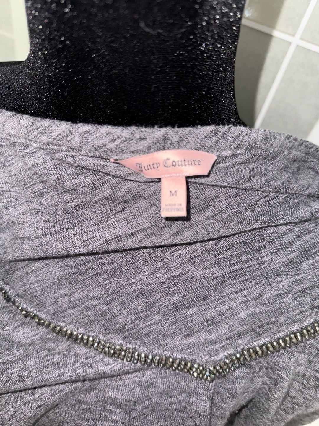 Juicy Couture Women's Gray Heather Knit V-Neck Cold Shoulder Top with Beaded Trim 5