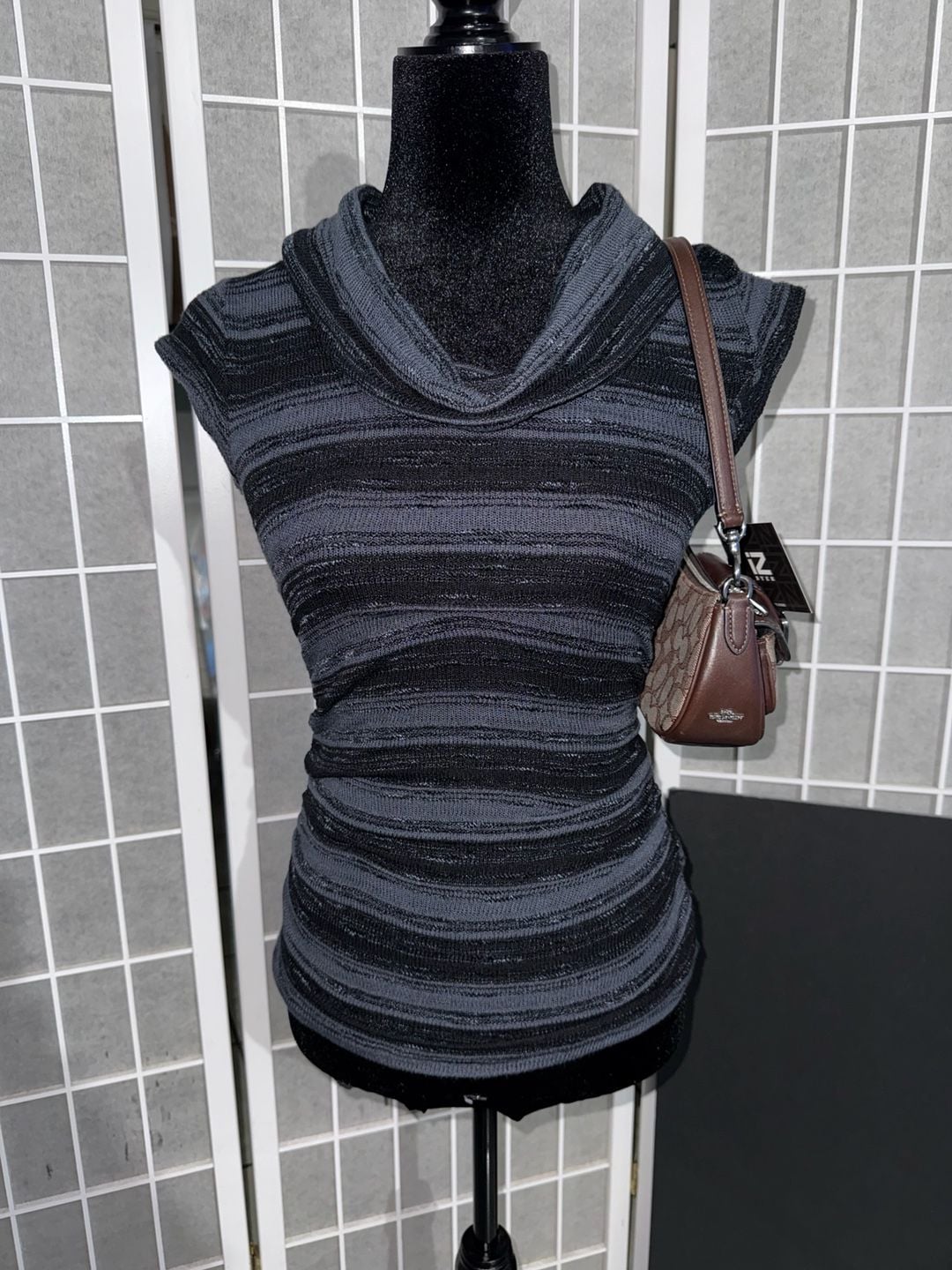 IZ Byer Cowl Split Neck Novelty Knit Sweater Black Gray Striped Lace Back 1