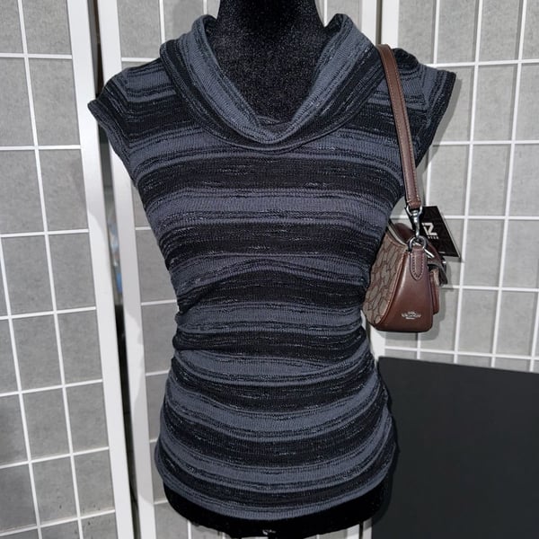 IZ Byer Cowl Split Neck Novelty Knit Sweater Black Gray Striped Lace Back