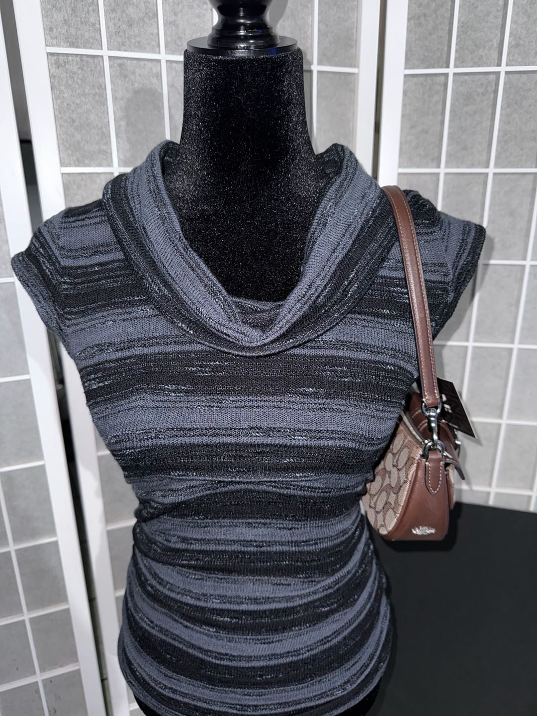 IZ Byer Cowl Split Neck Novelty Knit Sweater Black Gray Striped Lace Back 2