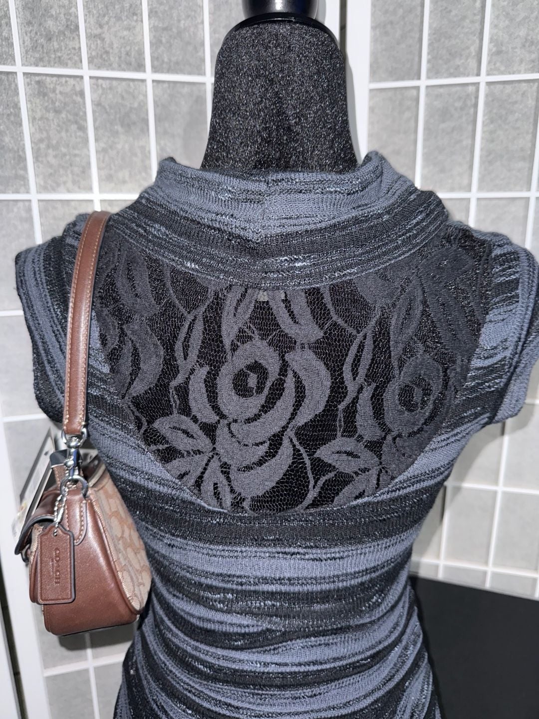 IZ Byer Cowl Split Neck Novelty Knit Sweater Black Gray Striped Lace Back 4