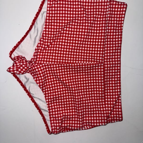 Pink Desert Red Gingham High Waisted Swim Short Bikini Bottom