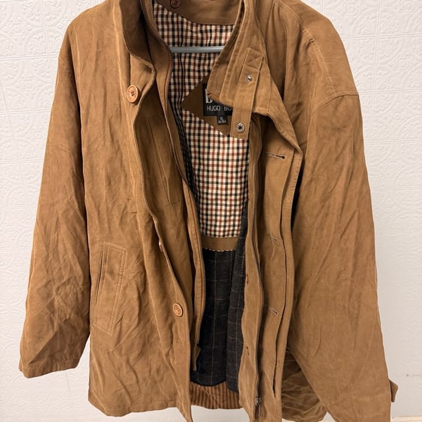 HUGO BOSS Vintage Brown Suede Field Jacket with Plaid Lining