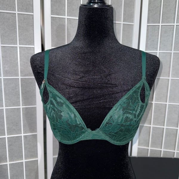Savage X Fenty Shadowplay Lace Unlined Plunge Bra in Forest Green
