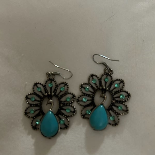Antique Silver Tone Rhinestone Turquoise Peacock Dangle Earrings