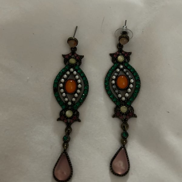 Vintage Style Ornate Multicolor Rhinestone and Cabochon Dangle Earrings