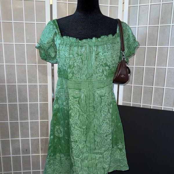 Blue Plate Green Paisley Print Short Puff Sleeve Cotton Mini Dress