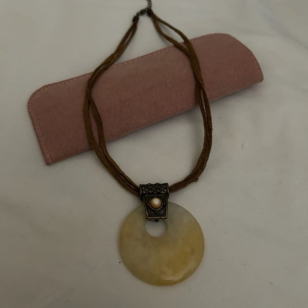 Bohemian Style Yellow Gemstone Donut Pendant Necklace on Brown Leather Cord
