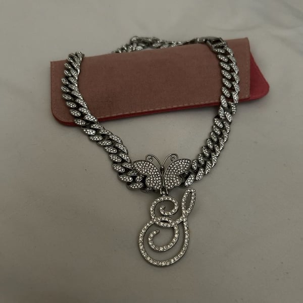 Iced Out Silver-Tone Cuban Link Chain with Butterfly and Letter S Pendant