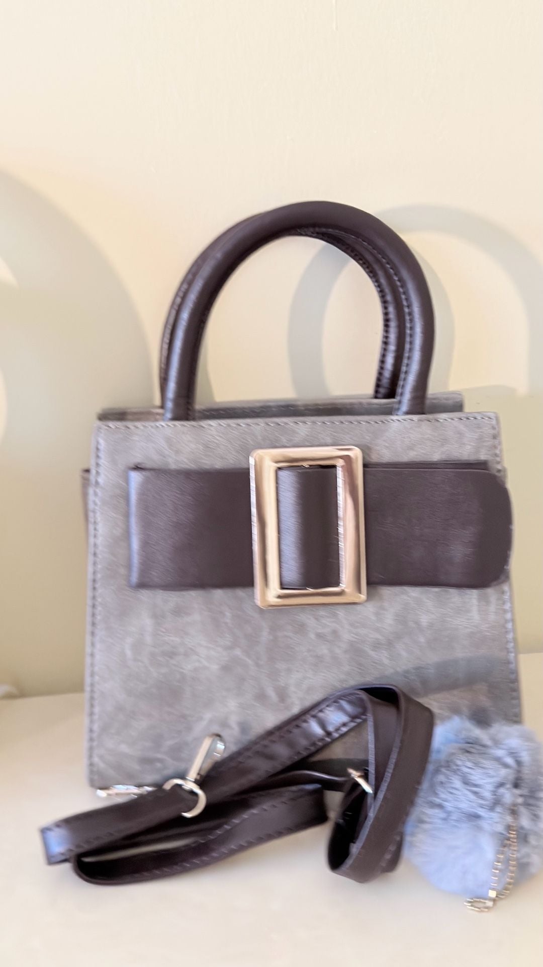 Women Faux-Leather Tote Messenger Handbag with Belt Buckle Lock and Ta - , 6