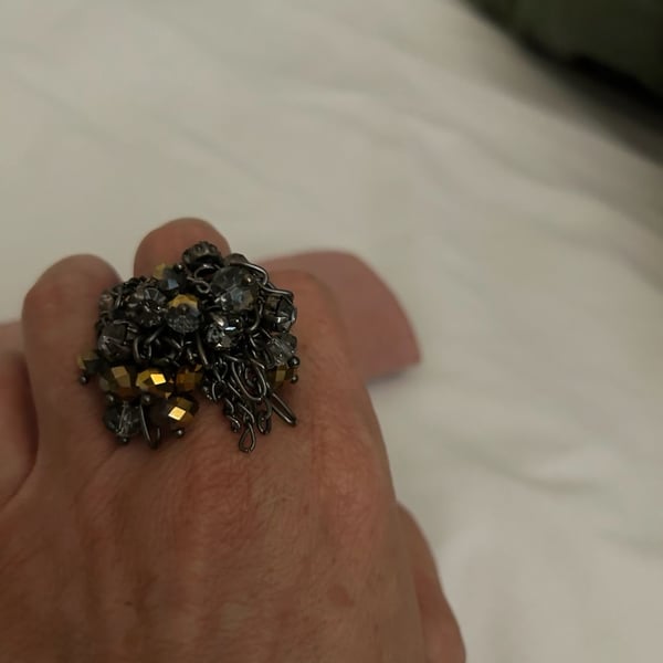 Statement Cluster Crystal Cocktail Ring with Metallic Dark Silver Tone Chains and Beads