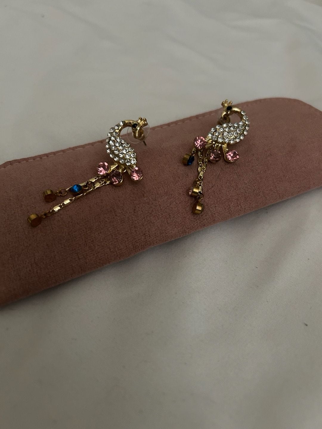 Betsey Johnson Gold Tone Rhinestone Peacock Dangle Earrings 1