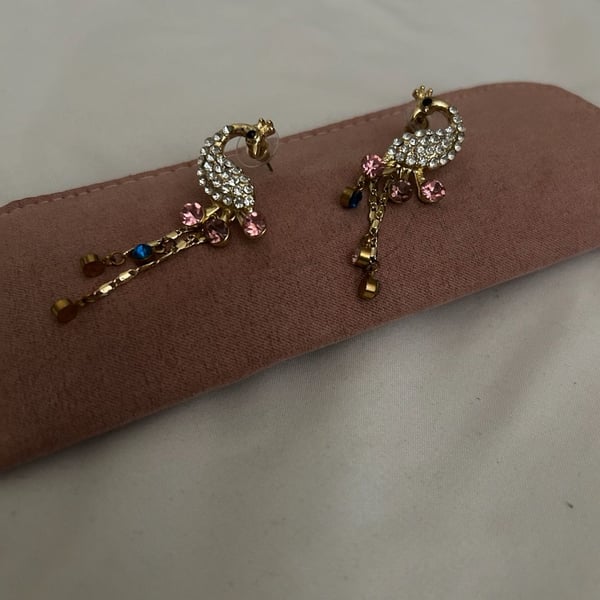 Betsey Johnson Gold Tone Rhinestone Peacock Dangle Earrings